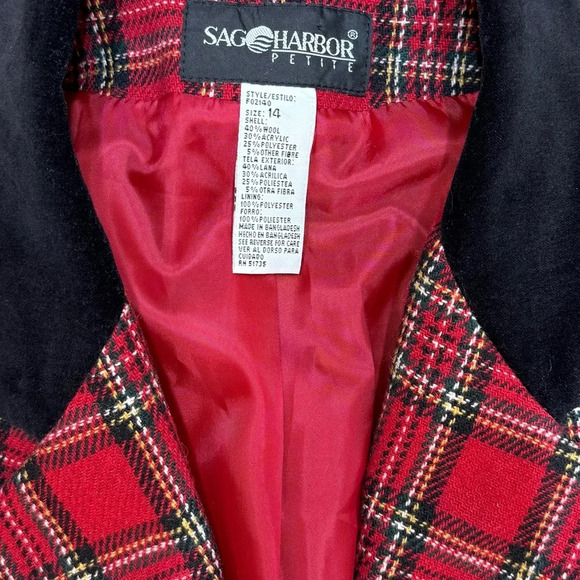 {Sag Harbor} Petite Tartan Holiday Plaid Velvet Wool Blend Blazer Jacket Coat - Picture 3 of 4